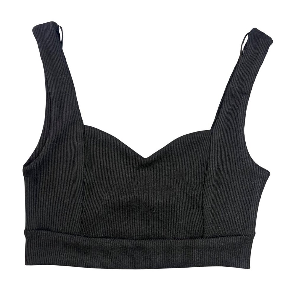 Black Ribbed Cropped Tank Top By Mable Sweetheart Neckline Smocked Back Panel-S